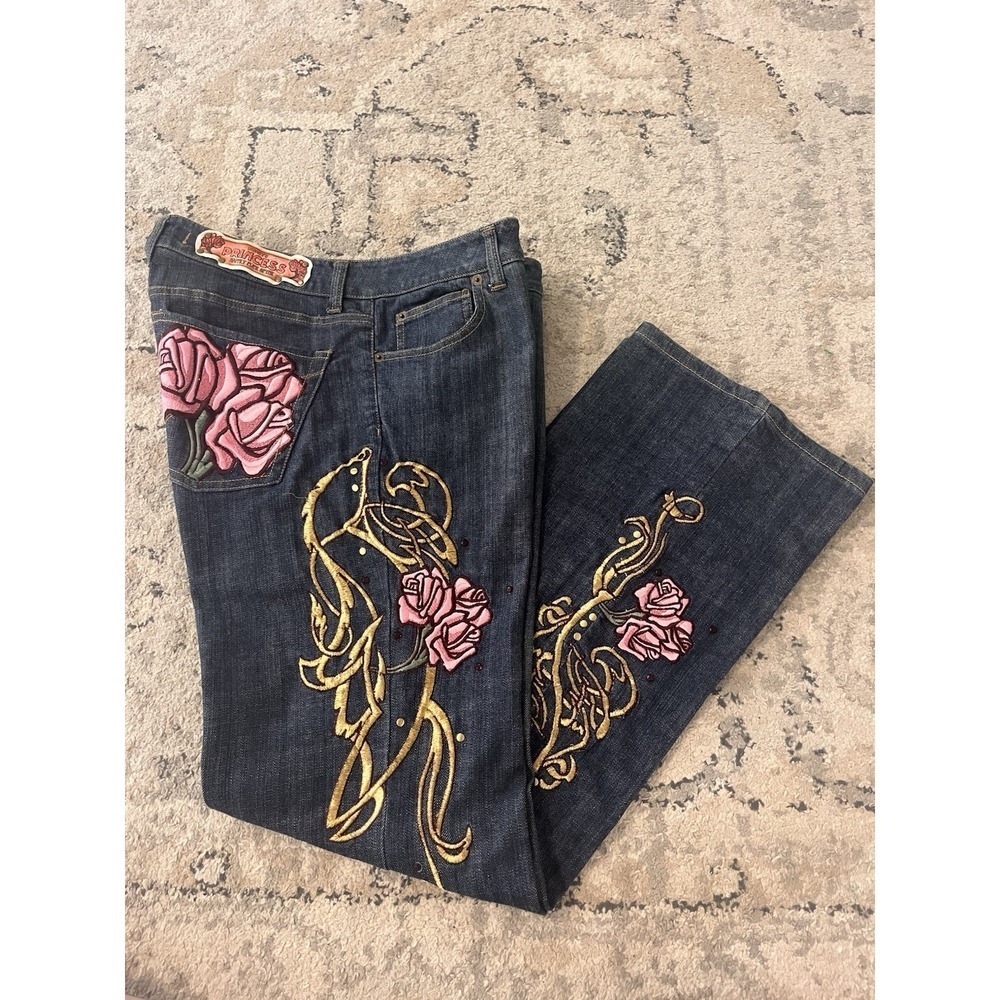 Disney Happily Ever After Beauty Beast Rose Y2K Jeans Sz 14 Stretch Dark Wash